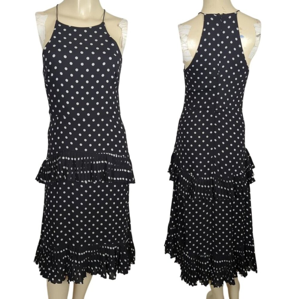 LuLu's Black White Polka Dot Sleeveless‎ Midi Dress Layered Ruffle high low sz S